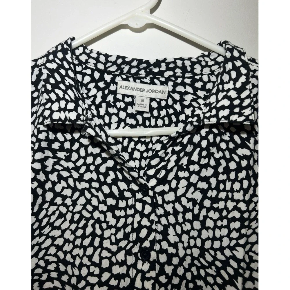 Alexander Jordan Black White Print Short Sleeve Blouse Top Casual Women's M